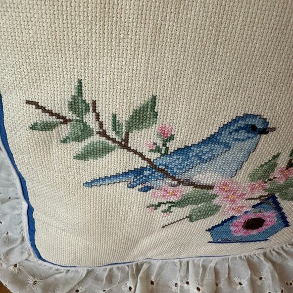 Vintage Bluebird Birdhouse Cross Stitch Pillow Eyelet Lace Ruffle Cottage Core - Picture 4 of 11